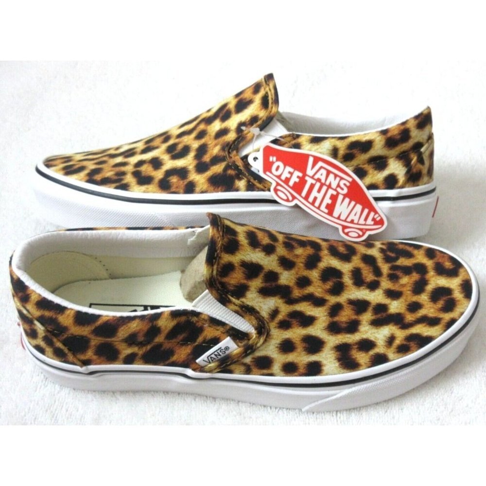 Vans Women's Classic Slip On Leopard Black True White Canvas Shoes Sizes NIB